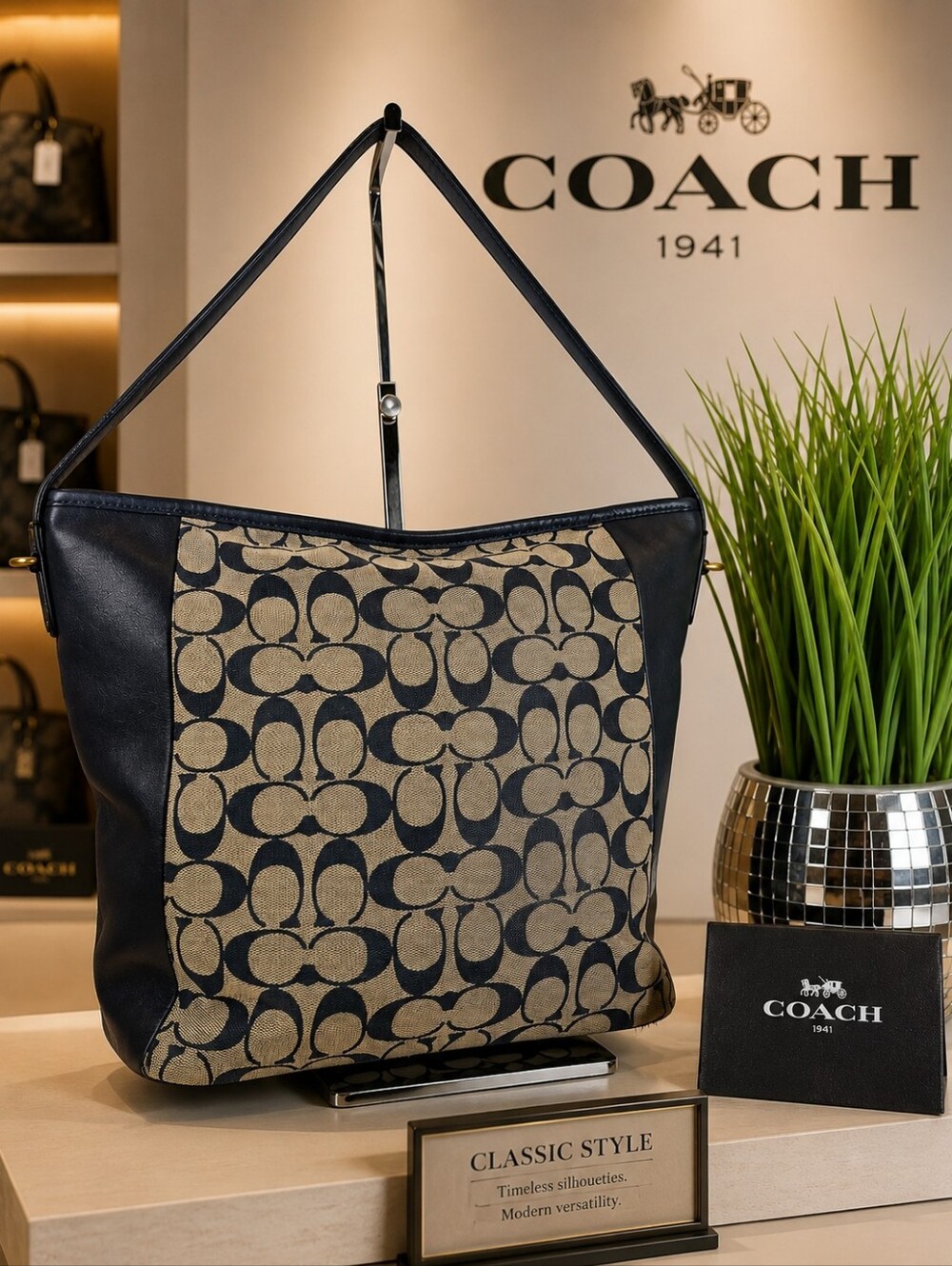 Coach Signature Canvas & Leather Tote Shoulder Bag in Navy/Tan